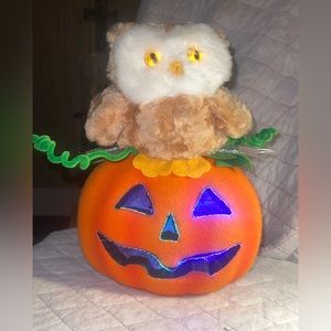 2008 Halloween Fiber Optic Color Pumpkin Owl Jack o Lantern Batt Light Up 11”